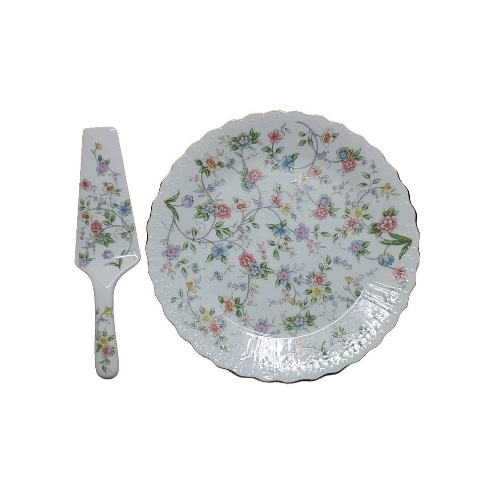 Andrea by Sadek Party Cake Server Plate & Matching‎ Knife CORONA Pattern 8478